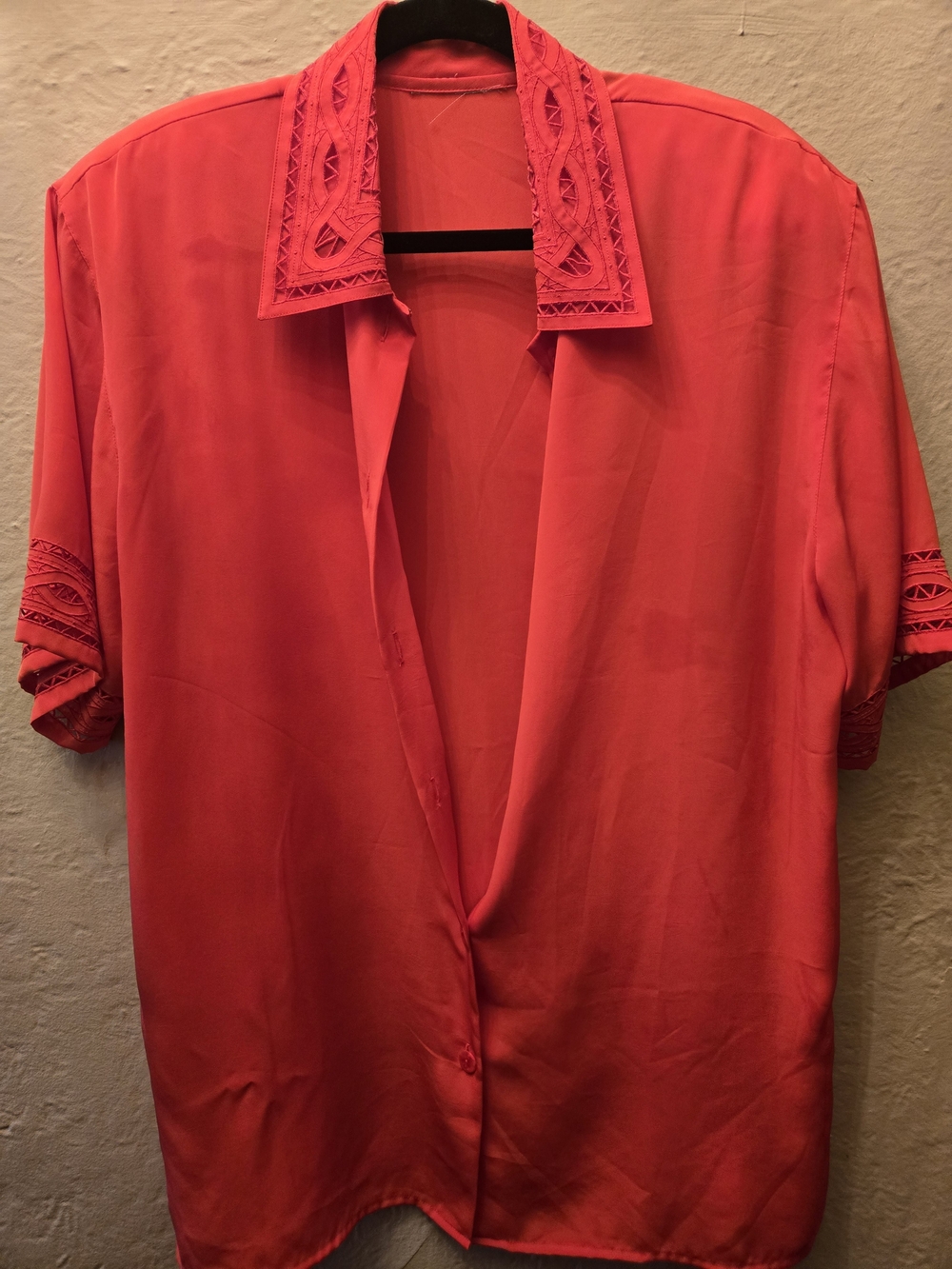Vintage Red Cutout Collar Shoulder Pad Blouse Women’s 80s Secretary Statement - Picture 6 of 7
